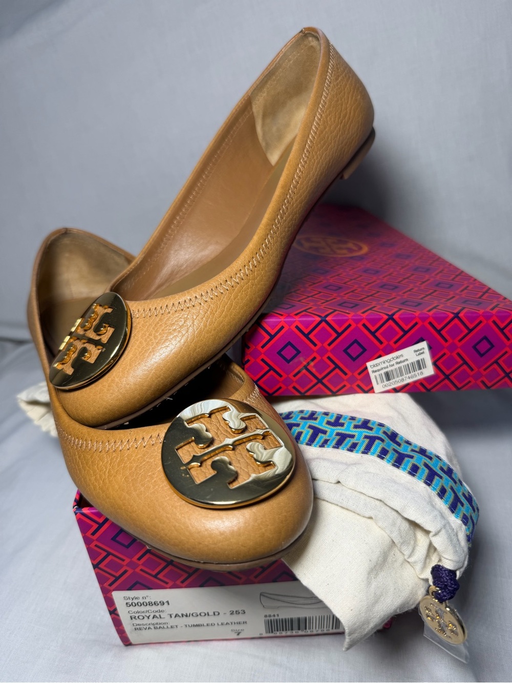 Tory Burch Reva Ballet Flat Royal Tan Gold (brown/beige) Leather Size 7